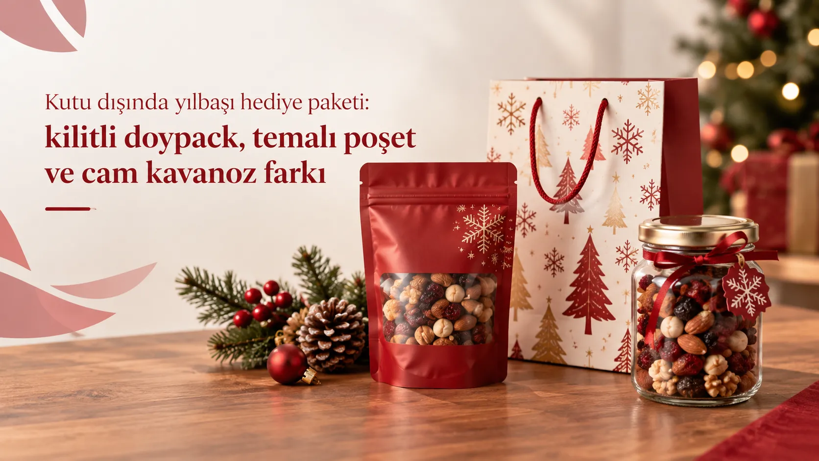 Kutu dışında yılbaşı hediye paketi: kilitli doypack, temalı poşet ve cam kavanoz farkı