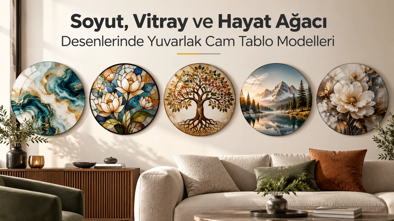 Soyut, Vitray ve Hayat Ağacı Desenlerinde Yuvarlak Cam Tablo Modelleri